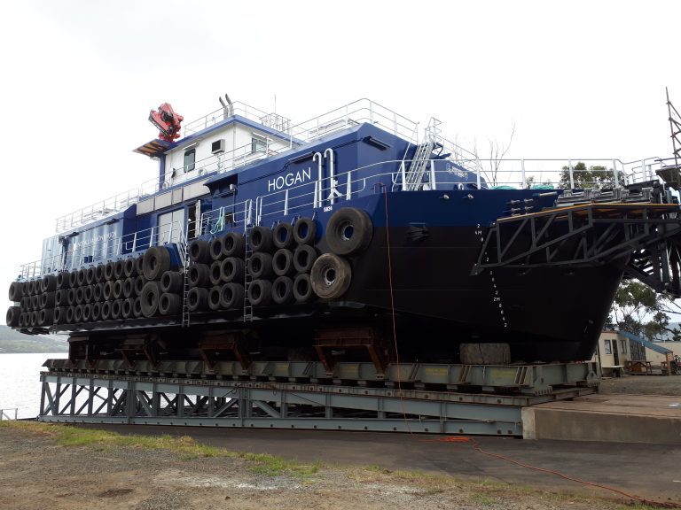 Southern hemisphere’s largest feed barge launched in Tasmania