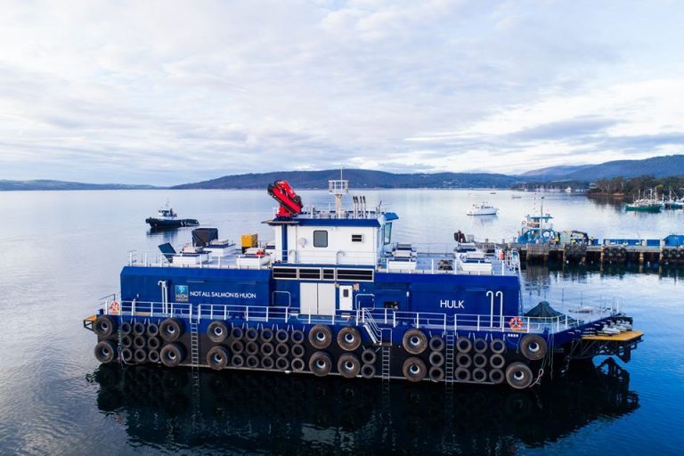 Huon takes delivery of 600 tonne-capacity “Hulk” feed barge