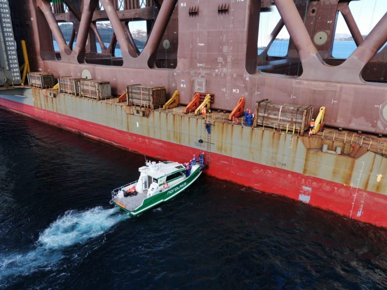 Crew boards the gigantic salmon ocean farm “Jostein Albert”  for the first time