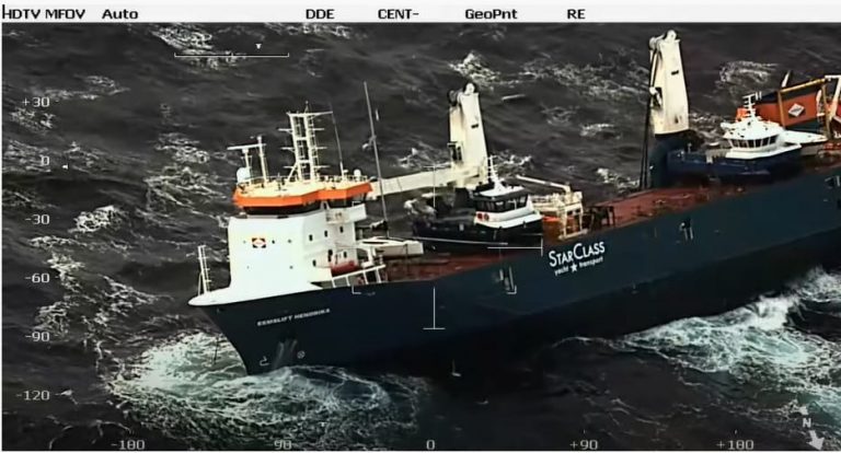 Salvage personnel get ready to hoist down to “Eemslift Hendrika”