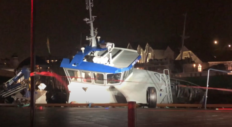 Watch here: Work boat sinks as storm batters the coast