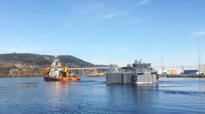 Hybrid feed barge at Cooke Aquaculture Scotland’s Mill Bay organic site. Photo: Gael Force