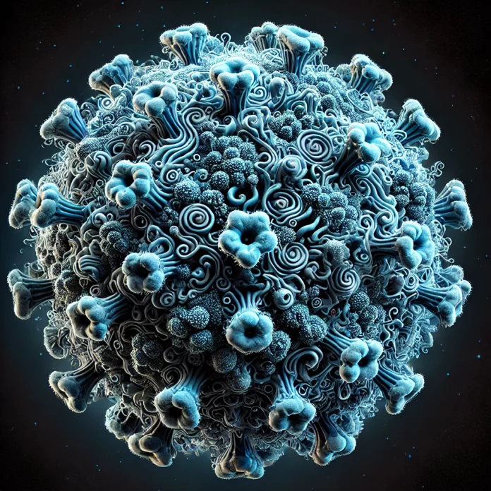 DALL·E 2024-07-23 08.53.58 - A photorealistic, highly detailed blue illustration of the infectious salmon anemia (ISA) virus, shown under a microscope, on a black background. The Infectious Salmon-Anaemia (ISA). Illustration: SalmonBusiness