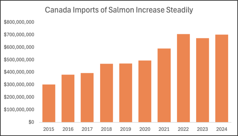Canada’s salmon imports surge as BC farmed output falls